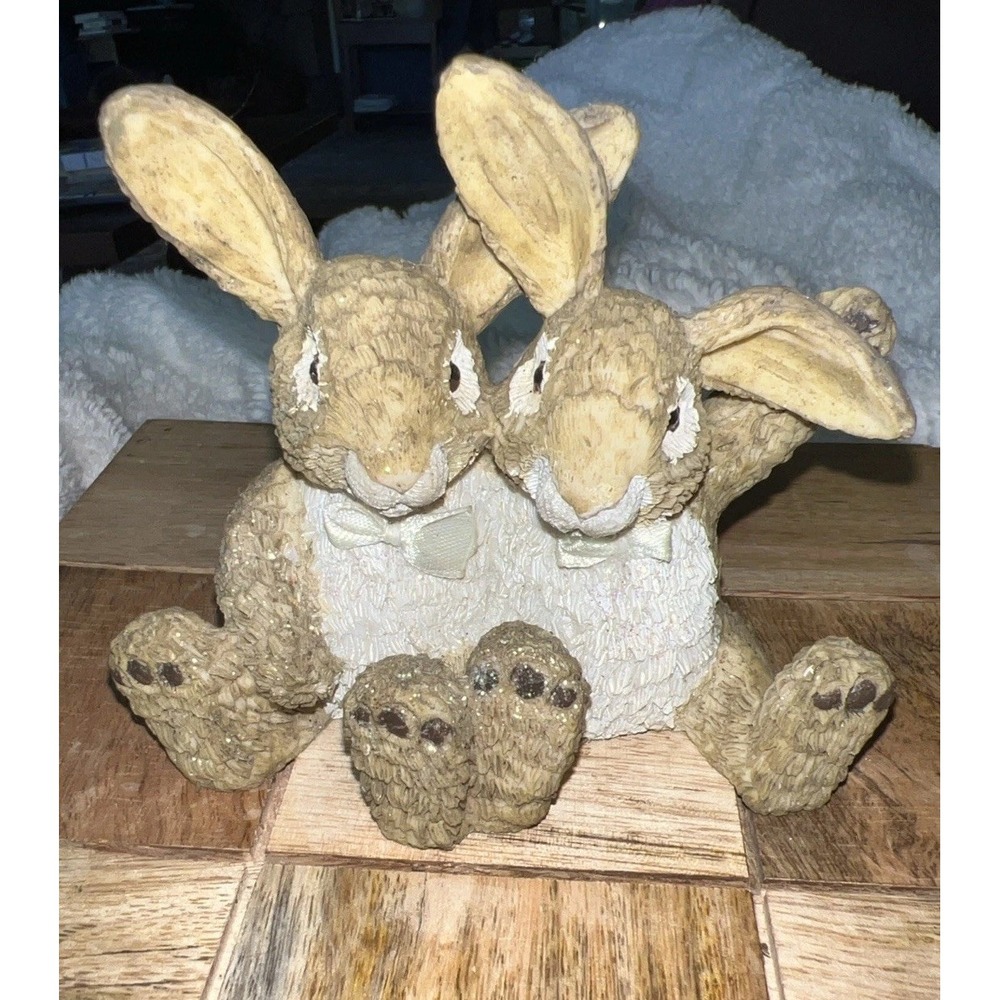 Adorable Easter Bunny Pair Figurine tan Shabby Decor Resin Sparkles Hopping